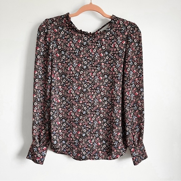 Loft Vine Floral Black Pink Ruffle Collar Tie Back Flowy Blouse sz Small - Picture 4 of 9